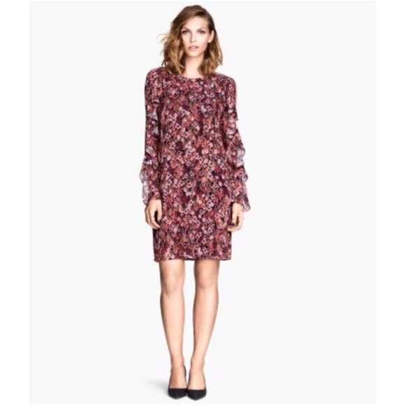 H&M Red & Pink Floral Ruffle Front Long Sleeve Mini Dress 4 - Picture 1 of 4